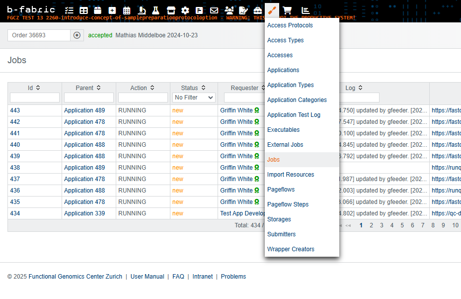 Screenshot showing where to find logs in B-Fabric